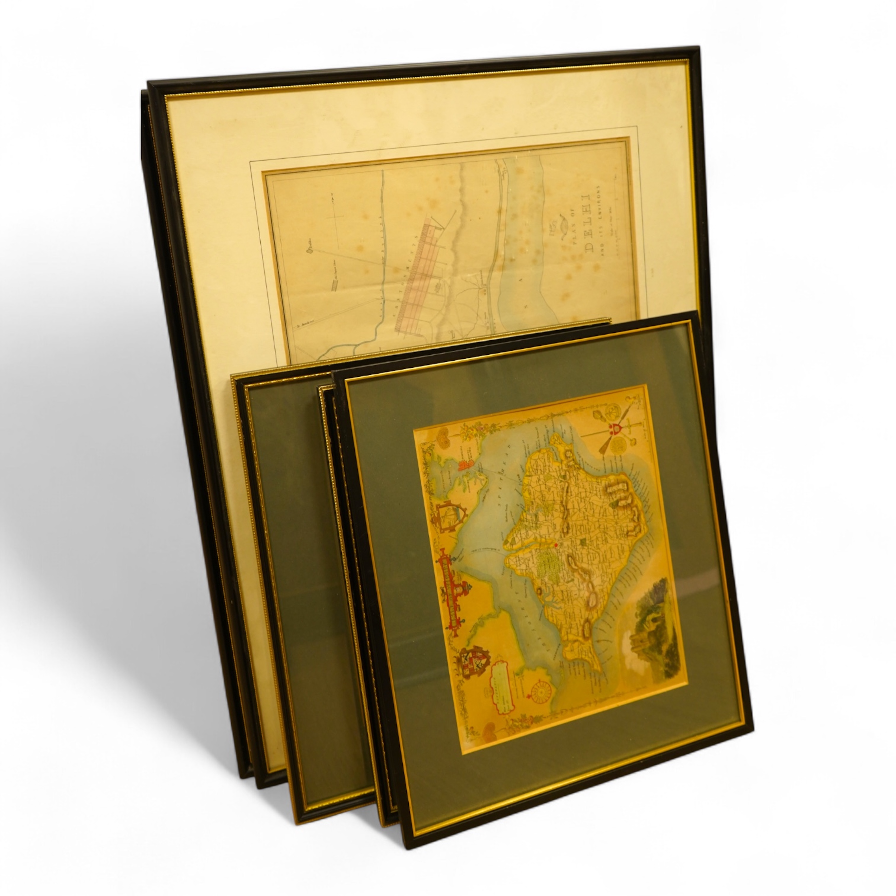 Three 19th century hand coloured maps of the Isle of Wight, a map of the Isle of Man by Edward Weller and a plan of Delhi and its environs, largest 31 x 44cm (5)
